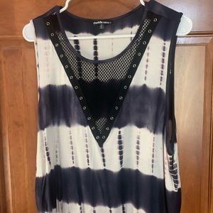This is a dark blue and white stripped crop top with a deep v neck with mesh.